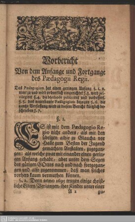 Vorbericht Von dem Anfange und Fortgange des Paedagogii Regii