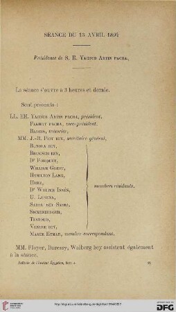 Séance du 13 avril 1894: présidence de S. E. Yacoub Artin Pacha