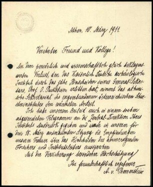 Kondolenzschreiben zum Tod von Otto Puchstein