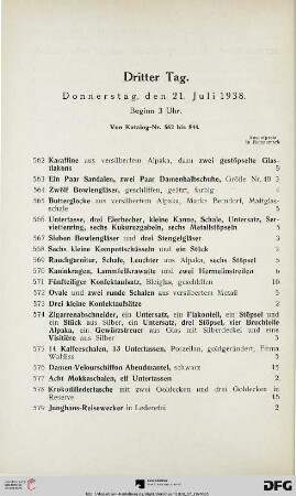 Dritter Tag. Donnerstag, den 21. Juli 1938. Beginn 3 Uhr (Nr. 562-844)