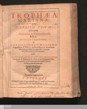 Trophæa Mariana, Ob Hæresim Trivmphatam : Grati animi, & Voti persoluendi, Fixa in tholo Lauretano