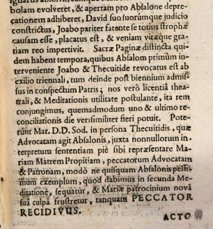 Absalom Sive Peccator Poenitens Et A Deo Receptus In Gratiam : Meditatio Instituta in Oratorio Congregationis Maioris Latinae, B. Virginis Matris Propitiae, ab Angelo Salutatae, Dominica prima Quadragesimae Anno MDCCXXVII