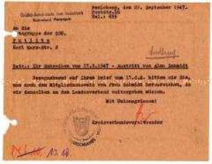 Amtliches Schreiben des CDU-Kreisverbandes Westprignitz an die Ortsgruppe der CDU Putlitz