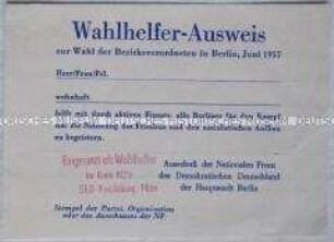 Vordruck eines Wahlhelfer-Ausweises für die Wahl der Bezirksverordneten in Berlin 1957 (blanko)