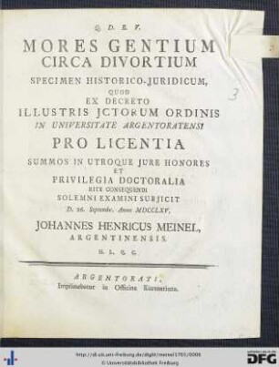 Mores Gentium Circa Divortium : Specimen Historico-Juridicum