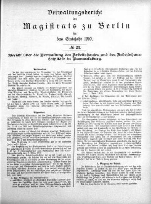 No. 23. Bericht über die Verwaltung des Arbeitshauses und des Arbeitshaushospitals in Rummelsburg