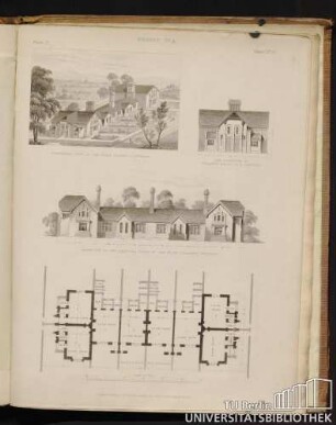 Plate 7. Design No. 4. Isomethical view of the eight peasants cottages. End elevation or entrance front to 2 cottages. Elevation of the principal front of the eight peasants cottages. Ground plan of 8 cottages.