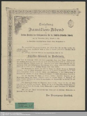 Einladung zum Familien-Abend der Section Dresden des Gebirgsvereins für die Sächsisch-Böhmische Schweiz am 14. November 1889