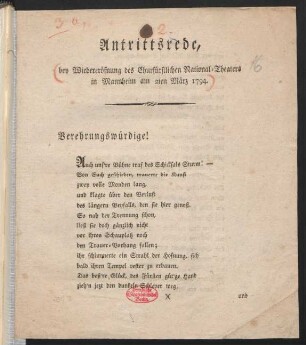 Antrittsrede, bey Wiedereröfnung des Churfürstlichen National-Theaters in Mannheim am 2ten März 1794