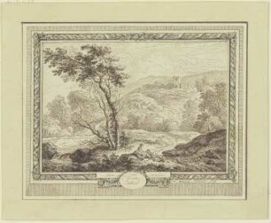 Gebirgslandschaft mit einer Ruine und zwei unter einem Baum ruhenden Wanderern