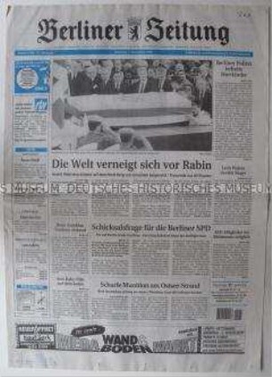 Fragment der "Berliner Zeitung" u.a. zur Beisetzung von Ytzhak Rabin