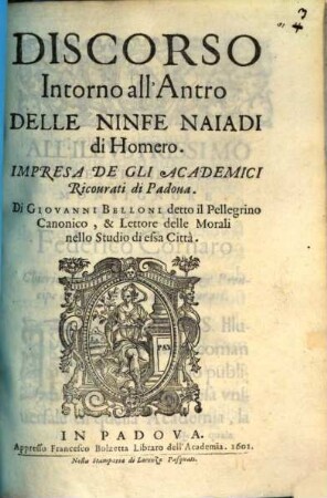 Discorso intorno all'Antro delle Ninfe Naiadi di Homero
