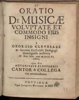 Oratio De Musicæ Voluptate Et Commodo Eius Insigni