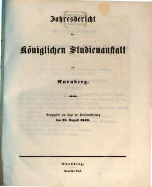 Jahresbericht der Königlichen Studienanstalt zu Nürnberg. 1849, 1849