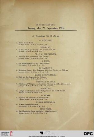 Versteigerung: Dienstag, den 23. September 1919 (Nr. 1-289)
