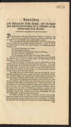 Anweisung zum Anlegen der Eichel-Kämpe, und überhaupt zum besseren Fortbringen des so nützlichen als unentbehrlichen Eich-Baums : [Berlin, den 25. Jan. 1780.]