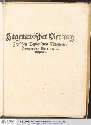 Hagenawischer Vertrag, zwichen beyderseyts Religions-Verwandten, anno 1614 auffgericht.