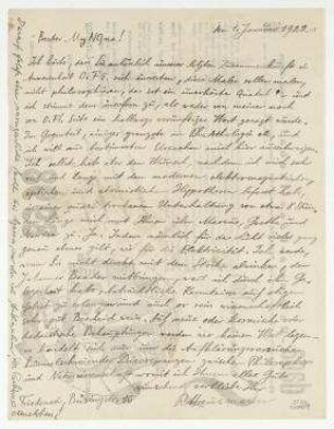 Brief von Raoul Hausmann an Salomo Friedlaender (Mynona) auf der Rückseite des Prospekts der: "dada-Reklame-Gesellschaft" mit Anmerkung von Hannah Höch. [o. O.]