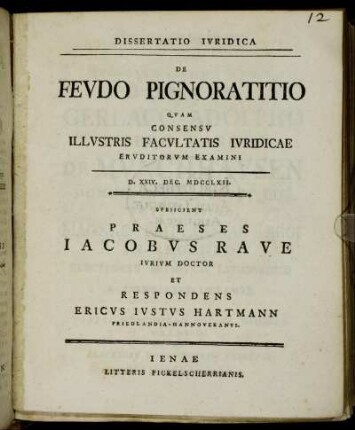 Dissertatio Ivridica De Fevdo Pignoratitio