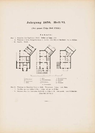 Villa Wöhlert, Berlin: Inhaltsverzeichnis, Grundrisse (aus: Architektonisches Skizzenbuch, H. 141/6, 1876)