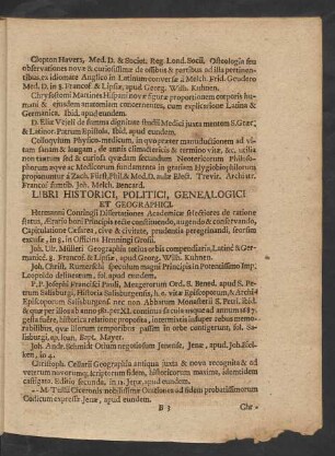 Libri Historici, Politici, Genealogici Et Geographici.