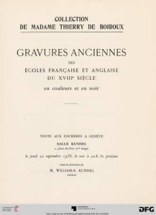 Collection de Madame Thierry de Boiroux : gravures anciennes des écoles française et anglaise du XVIIIe siècle en couleurs et en noir ; 22 septembre 1938