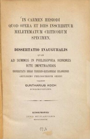 In carmen Hesiodi quod opera et dies inscribitur meletematum criticorum specimen