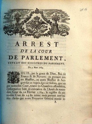 Arrest De La Cour De Parlement : Extrait Des Registres Du Parlement. Du 9 Mars 1764.