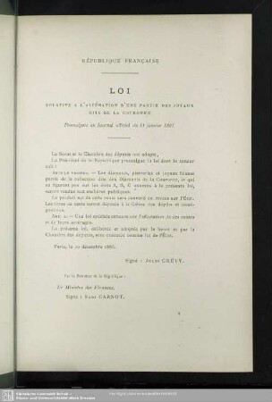 Loi Relative A L´Aliénation D´Une Partie Des Joyaux Dits De La Couronne