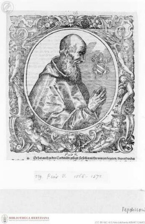 Illustrationen aus Jobin, Bernhard, Accuratae Effigies Pontificum Maximorum (...). Straßburg 1573, Pius V., Papst, Porträt