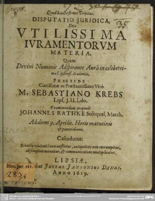 Disputatio Iuridica, De Utilissima Iuramentorum Materia
