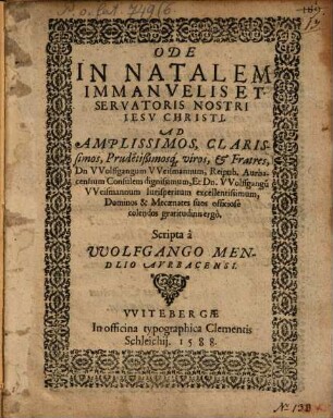 Ode in natalem Immanelis et Salvatoris N. Jesu Christi