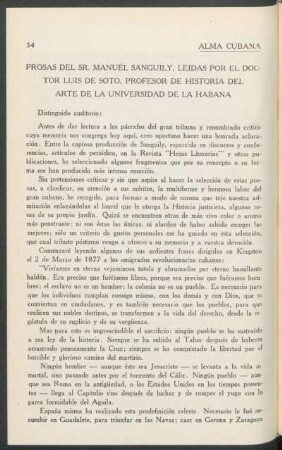 Prosas del Sr. Manuel Sanguily : leídas por el Doctor Luis de Soto, Profesor de Historia del Arte de la Universidad de la Habana