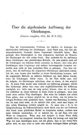 Über die algebraische Auflösung der Gleichungen.
