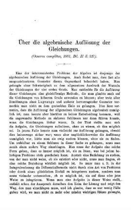 Über die algebraische Auflösung der Gleichungen.