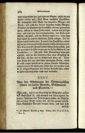 XXXV. Von den Wirkungen der Peruvianischen Rinde im kalten Brande, Geschwüren und Blattern.