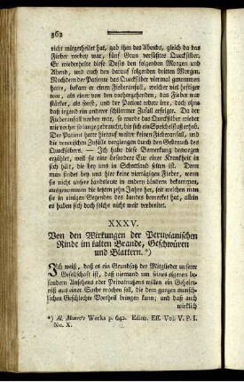 XXXV. Von den Wirkungen der Peruvianischen Rinde im kalten Brande, Geschwüren und Blattern.