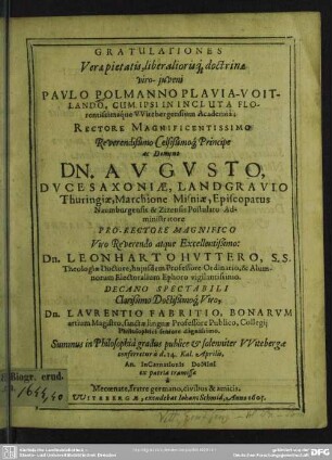 Gratulationes Paulo Polmanno Plavia-Voitlando cum ipsi summus in philosophia gradus conferretur