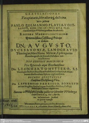 Gratulationes Paulo Polmanno Plavia-Voitlando cum ipsi summus in philosophia gradus conferretur