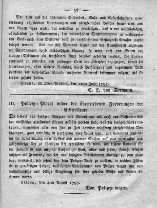 III. Polizey-Placat wider die übertriebenen Forderungen der Arbeitsleute.