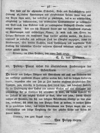 III. Polizey-Placat wider die übertriebenen Forderungen der Arbeitsleute.