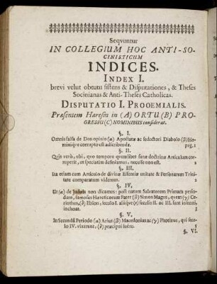 Index I. brevi velut obtutu sistens & Disputationes, & Theses Socinianas & Anti-Theses Catholicas.