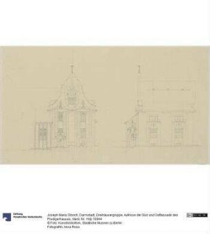 Darmstadt, Dreihäusergruppe, Aufrisse der Süd und Ostfassade des Predigerhauses