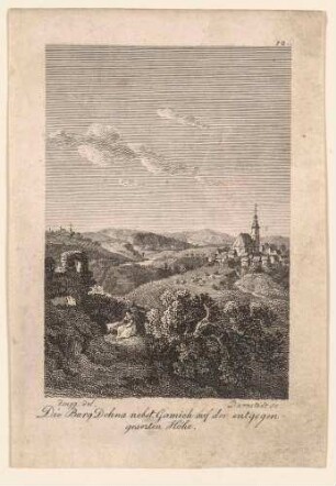 Blick über die Burgruine auf die Stadt Dohna über dem Müglitztal, im Hintergrund links das Rittergut Gamig, aus Beckers Taschenbuch zum geselligen Vergnügen 1805