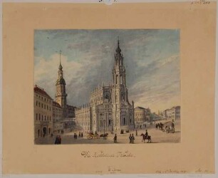 Die Katholische Hofkirche in Dresden, Blick vom Schlossplatz nach Südwesten, mit dem Residenzschloss und dem Georgenbau