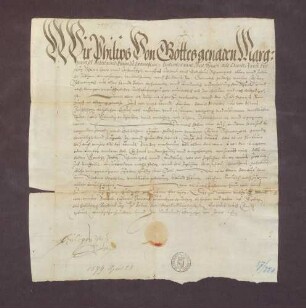 Concessions-Urkunde des Markgrafen Philipp II. von Baden-Baden für den Abt und das Kloster Schwarzach am Rhein, das Umgeld in dem Ort beziehen zu dürfen