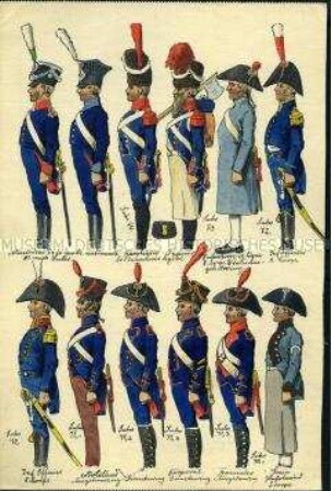 Uniformdarstellung, 12 Uniformdarstellungen von Musikern der National-Garde, Karabiner und Sappeur der Leichten Infanterie, Offizieren der Linien-Infanterie, Artillerist, Korporal, Trommler und Hufschmied des Train, Frankreich, 1806/1815.
