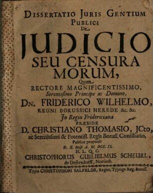 Dissertatio Juris Gentium Publici De Judicio Seu Censura Morum