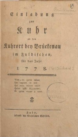 Einladung zur Kuhr an den Kuhrort bey Brückenau im Fuldischen für das Jahr 1778