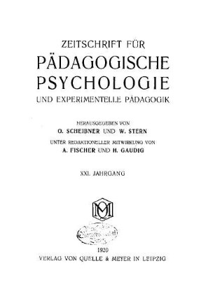 21: Zeitschrift für pädagogische Psychologie und Jugendkunde - 21.1920